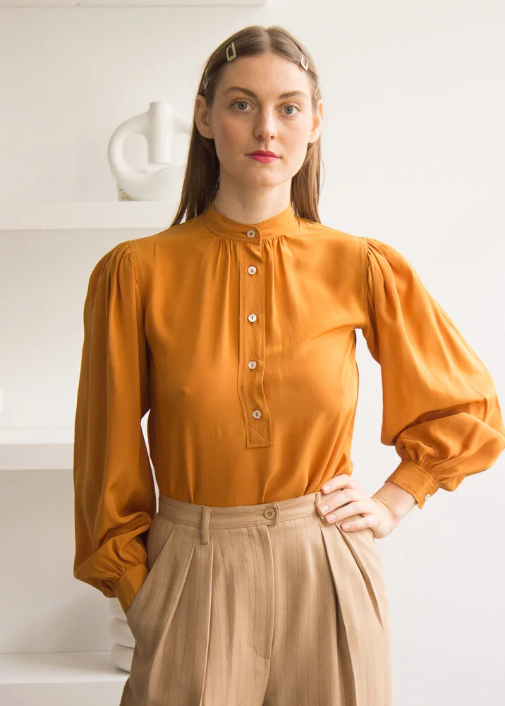 1970s Yves Saint Laurent Marigold Silk Balloon Sleeve Blouse